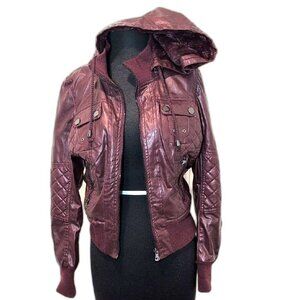 Ci Sono Maroon Faux Leather Hooded Jacket With Faux Fur Lining